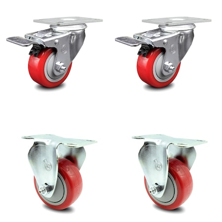 Service Caster 3.5 Inch Red Polyurethane Swivel Top Plate Caster Lock Brake 2 Rigid SCC, 2PK SCC-TTL20S3514-PPUB-RED-2-R-2